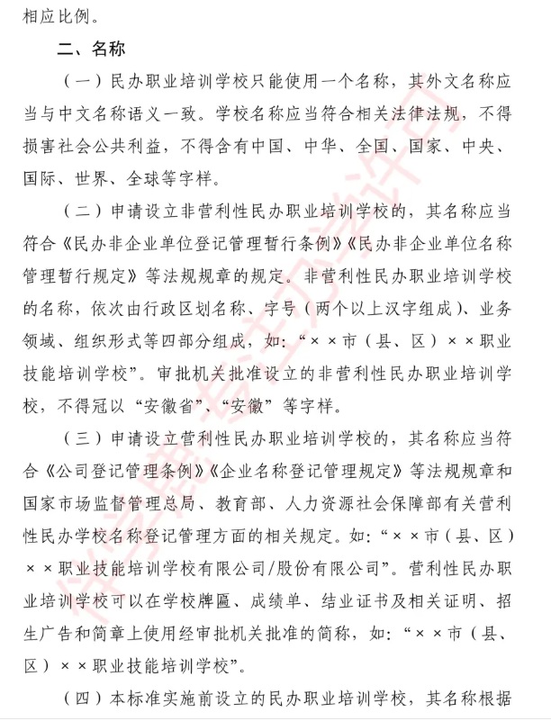 2025年安徽职业培训学校设置标准